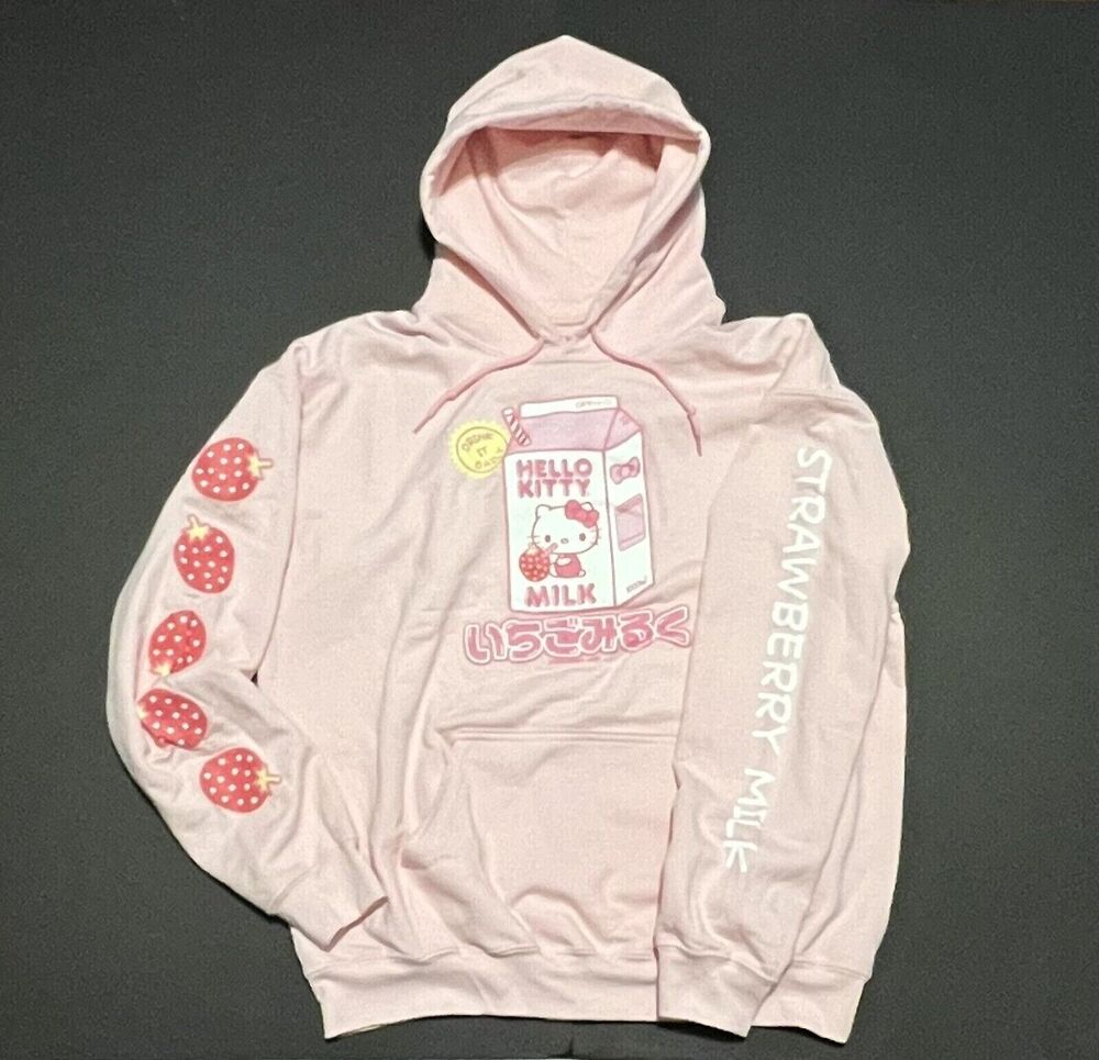 Hello Kitty Strawberry Milk Hoodie Sweatshirt Pink Adult Size L Womens Mens